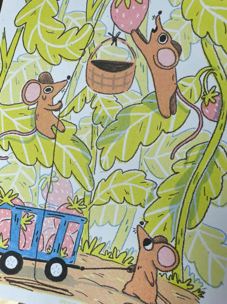 Mice Go Strawberry Picking RISO Art Print