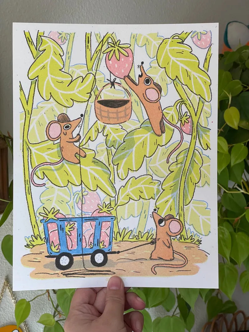 Mice Go Strawberry Picking RISO Art Print